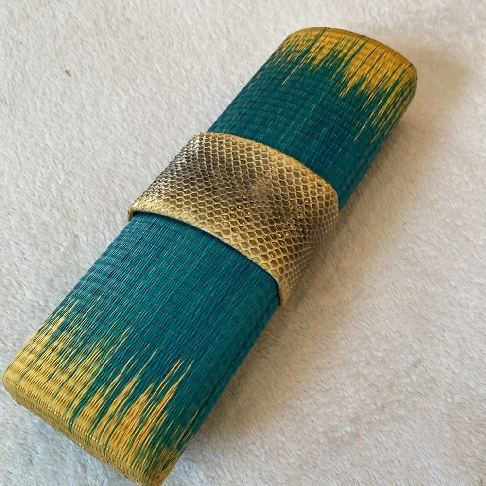 John Carlo Creations snakeskin and ombré turquoise to yellow raffia clutch